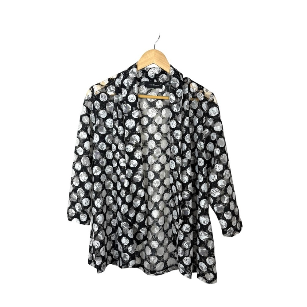 VINTAGE Travel Elements Sheer Lace Cardigan M Black White Polka Dot